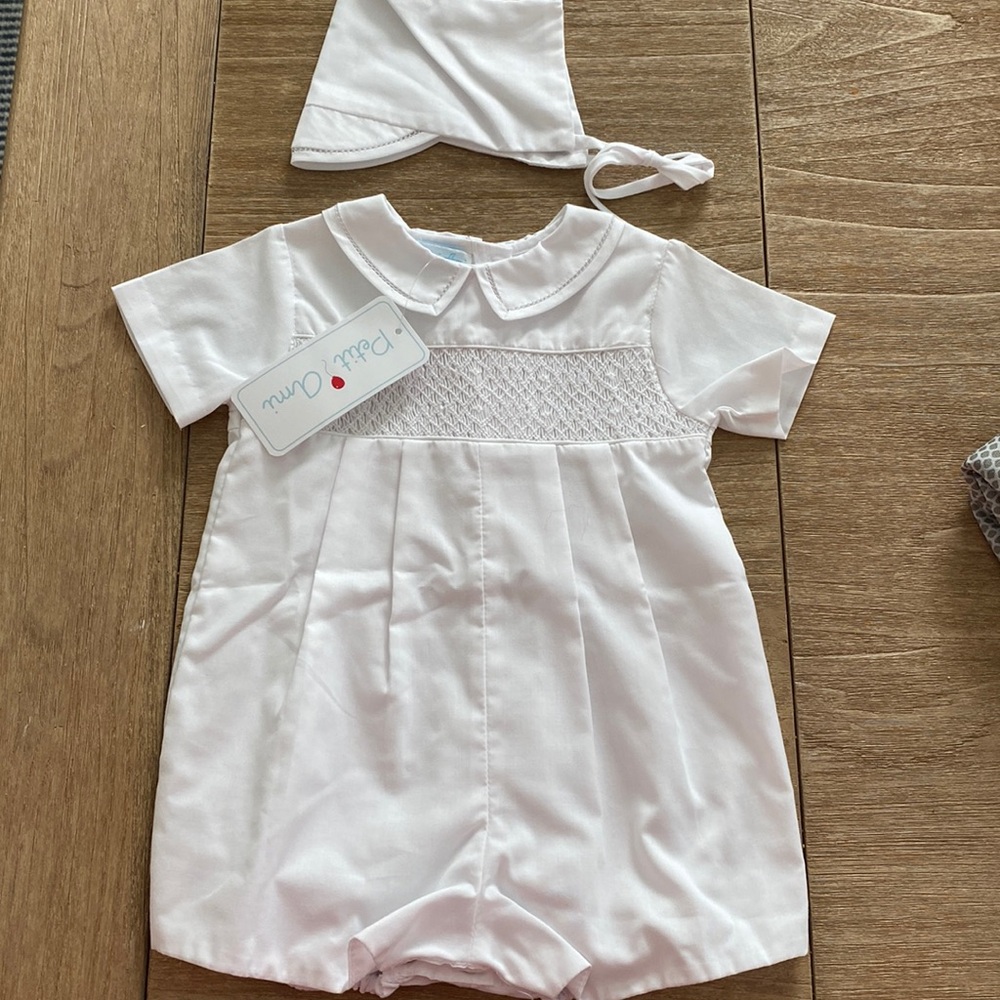 Petit Ami White Smocked One-Piece Bodysuit with Hat